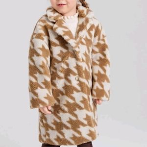 SHEIN Toddler Girls Houndstooth Print Drop Shoulder Fleece Teddy Coat 5T